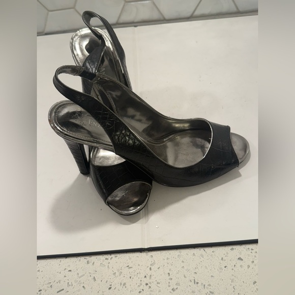 Enzo Angiolini Black Crocodile Leather Peep Toe Slingbacks Size 7.5 Heel - Picture 5 of 10